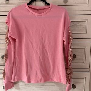 NWT Pink Sequins Sleeves Crew Neck Top Long Sleeves Hollow Sequins Bow
